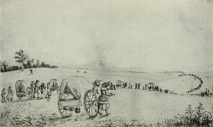 A Mormon handcart train making its way across the American territories. (Source: Wikipedia)