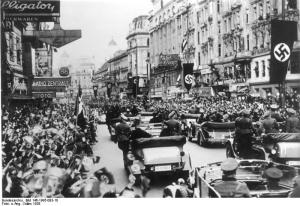 Cheering crows greet the Nazis in Vienna following the Anschluss, in 1938. Photo courtesy of Wikipedia.
