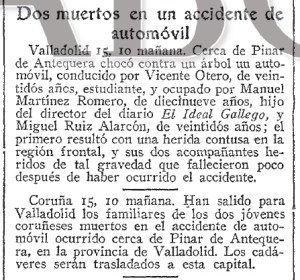 Noticia publicada por el diario ABC el 16 de octubre de 1935, adelantando el accidente ocurrido en Valladolid. Fuente: Hemeroteca ABC.
