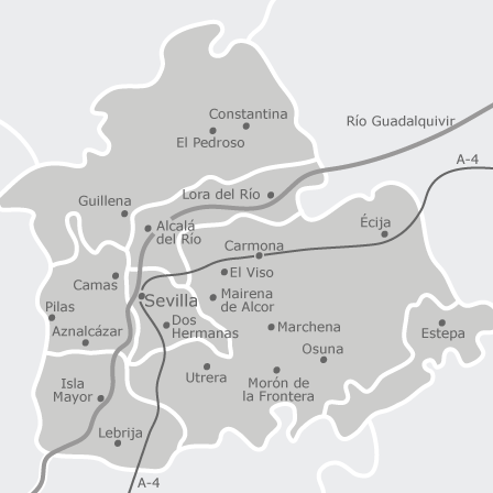 A basic map of the province of Seville showing its capital (the city of Seville) and a fe other municipalities within the region, each with its own civil registry office.
