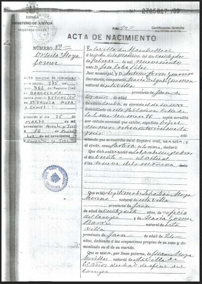 Front page of a Spanish birth certificate dated 1900.